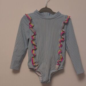 Boden Swimsuit 18-24 Month Blue Striped Ruffle Long Sleeves